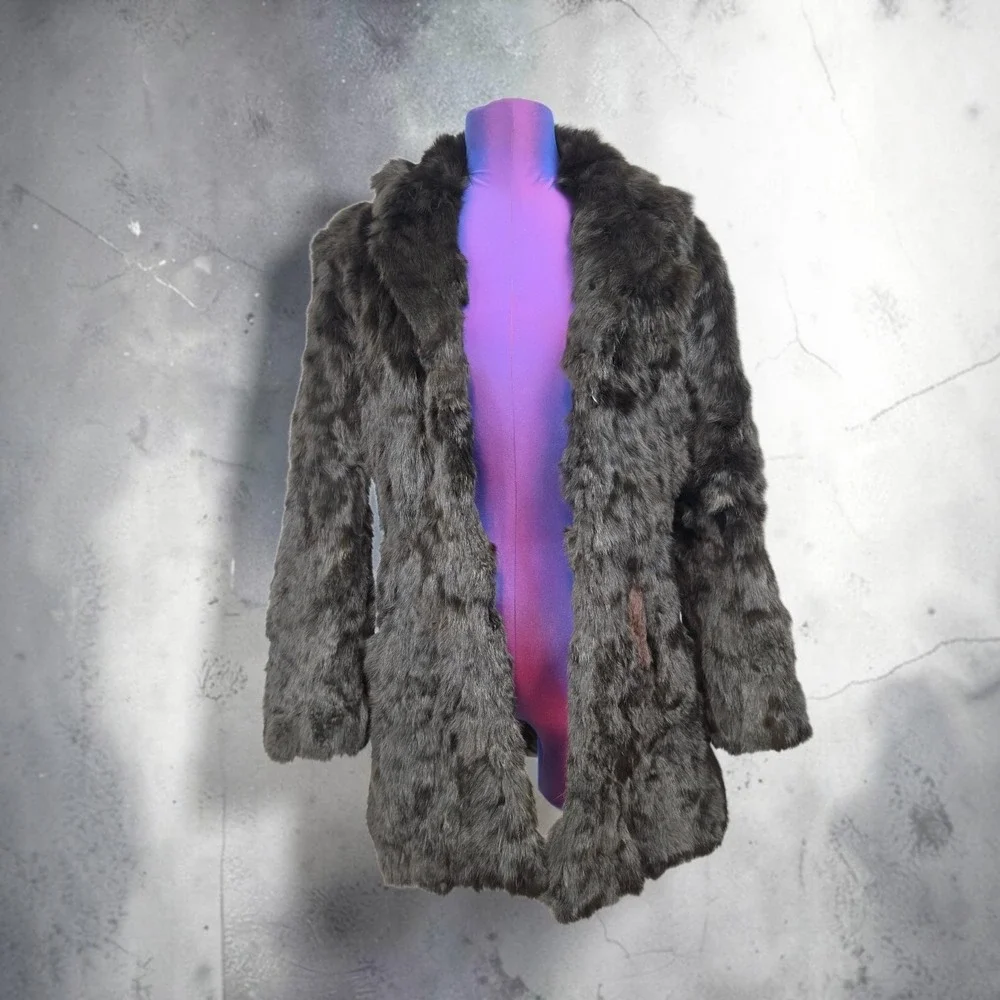 Vintage Space 2000 Torino Italia Dark Brown Fur Coat Notched Lapel Mid Length
